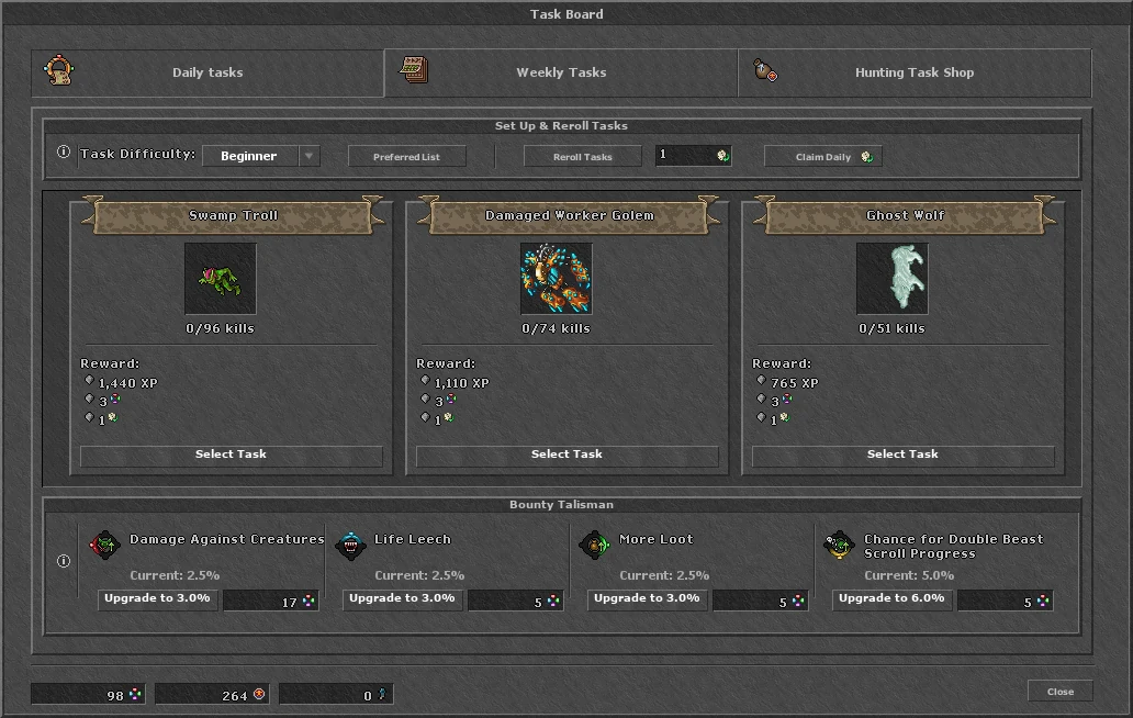 Task Board: tres bounties y el Bounty Talisman